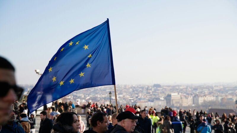 European Union flag being waved by people